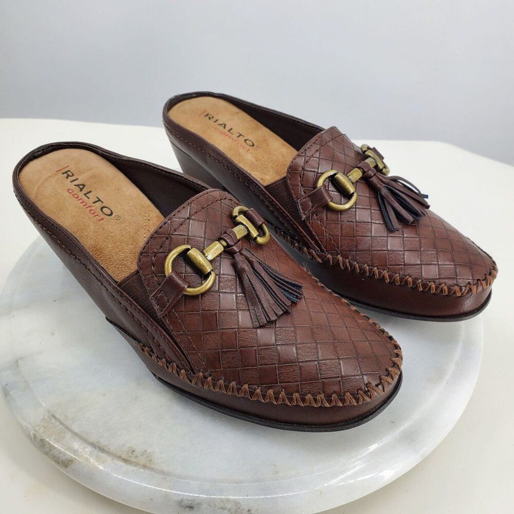 Rialto‎ Brown Horse Bit Basket Weave Tassel Heel Slip On Mule Shoes Size 7.5